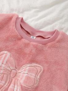 Teen Girls Pink Plush Top With Bow Embroidery Pattern And Plaid Thickened Comfortable Long Sleeve Pants Set Fleece-Lined Autumn Prom Cute Katseye - Pink - View 4