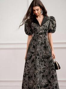 BELROSIE BELROSIE Dress Puff Sleeve Slim A-Line Jacquard Contrast Suit Collar Pearl Button Retro Elegant Black And Gold Leaf For Party Night Dinner Summer Wedding - Multicolor - View 5