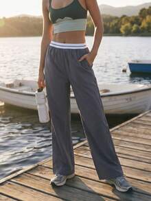WanderVale Women's Woven Low-Stretch Solid Color Patchwork Waist Casual Long Pants - Dark Grey - View 7