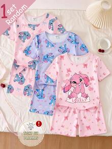 [ Random1 Set ] Young Girls Pajamas,Spring/Summer New Fashion Cute Rabbit,Heart & Bow Print Knit Tight Fit Pink,Fairy,Holiday,Night 2pcs,Snug Fit - Pink - View 1