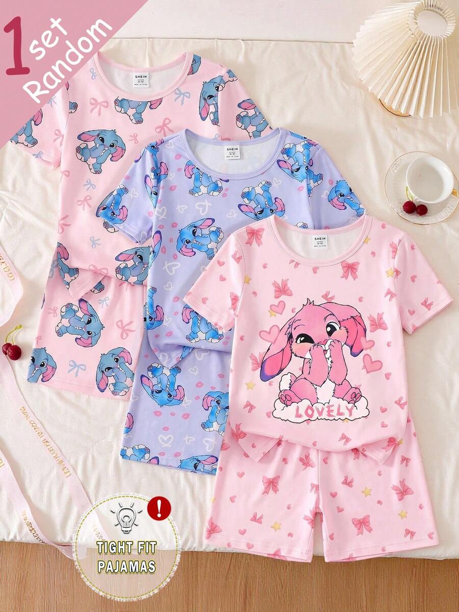 [ Random1 Set ] Young Girls Pajamas,Spring/Summer New Fashion Cute Rabbit,Heart & Bow Print Knit Tight Fit Pink,Fairy,Holiday,Night 2pcs,Snug Fit - Pink - View 1