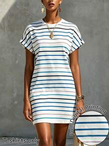 Glimmora Women's Striped Round Neck Short Sleeve Casual Loose Dress - Multicolor - View 1