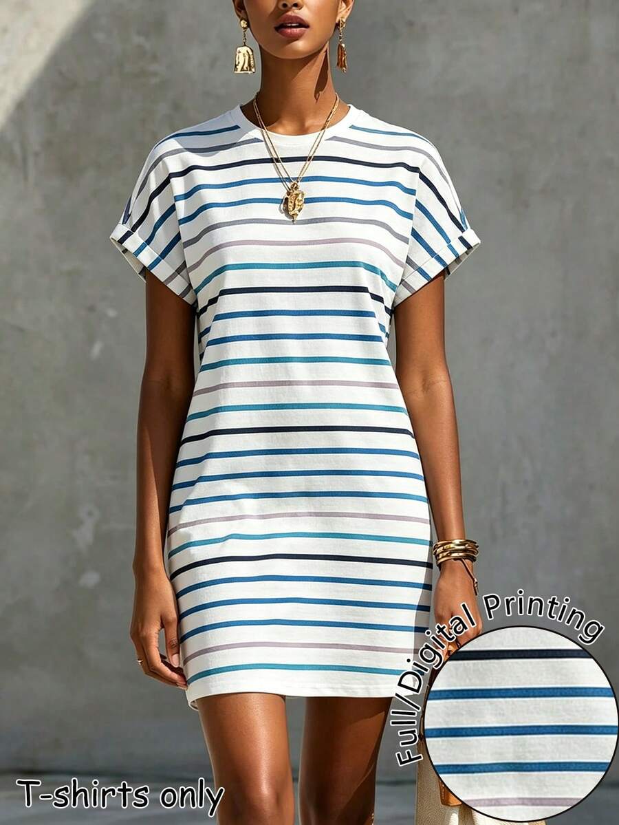 Glimmora Women's Striped Round Neck Short Sleeve Casual Loose Dress - Multicolor - View 1