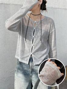 Dazy Tall Kaos Kasual Lengan Panjang Semi-Transparan Kerah Bulat Kancing Depan untuk Wanita, Cocok untuk Musim Gugur - Putih - View 9