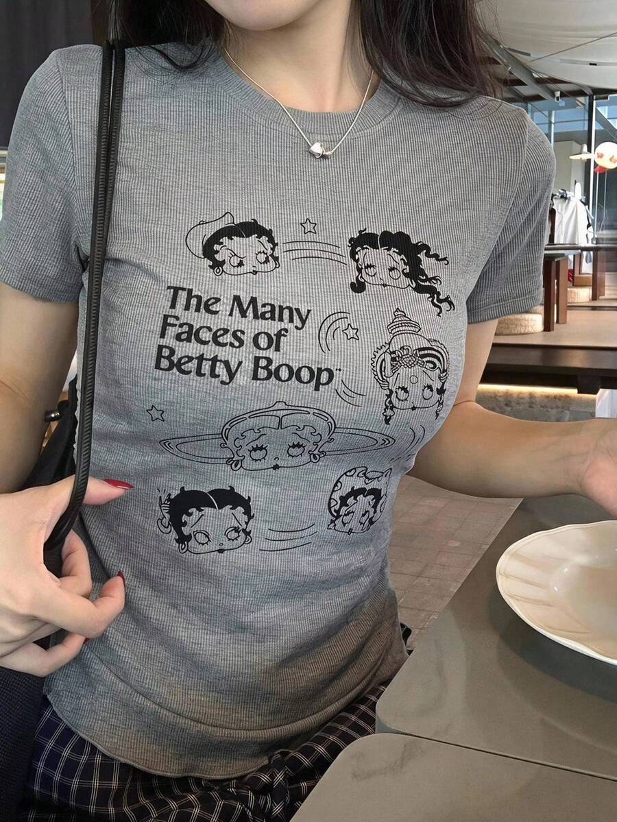 DAZY 女款夏季休閒卡通印花T恤圖案上衣可愛上衣 - 灰色 - 查看 1