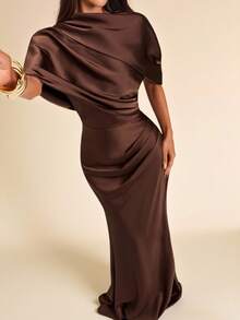 SHEIN BAE Women's Brown Asymmetrical Shoulder Mermaid Elegant Satin Dress, Autumn/Winter Layering Dress, Party, Formal Gathering, Evening Out, Wedding Cocktail Dress, Halloween Dress, Christmas Dress - Brown - View 6