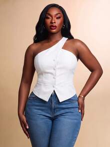 Radiana Curve Plus Size Casual Sexy 70's Commute Cocktail Party Night Solid Color One Shoulder Blazer Vest All White Summer - White - View 5