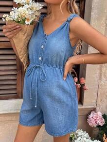 SHEIN 孕婦鈕扣設計腰綁帶口袋牛仔吊帶短褲 - 藍色 - 查看 6