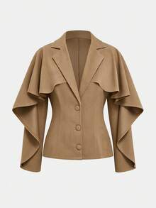Sweetra Napoleon Plus Size Elegant Commuter Solid Color Ruffle Trim Jacket Fall - Khaki - View 3