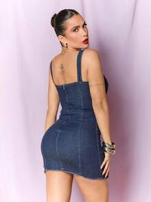 Dania Mndz Shop فستان جينز ضيق بحافة مهترئة للنساء مثير & فساتين صيفية للنساء & فستان جينز & ملابس شاطئ للنساء & ملابس مهرجانات & ملابس صيفية زرقاء كاجوال - أزرق داكن - مشاهدة 6