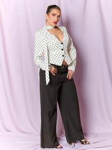 Dania Mndz Shop Women's White With Black Polka Dots Blazer,Elegant Deep V-Neck Slim-Fit Suit Jacket For Autumn Date,Commuter Chic Back To School Teacher Ribbon Coat - White - View 4