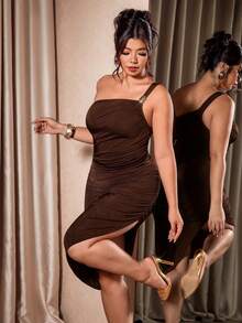 Cravure Women's Elegant Asymmetrical Neckline Patchwork Draped Slim Fit Bodycon Plus Size Summer Dress - Coffee Brown - View 5