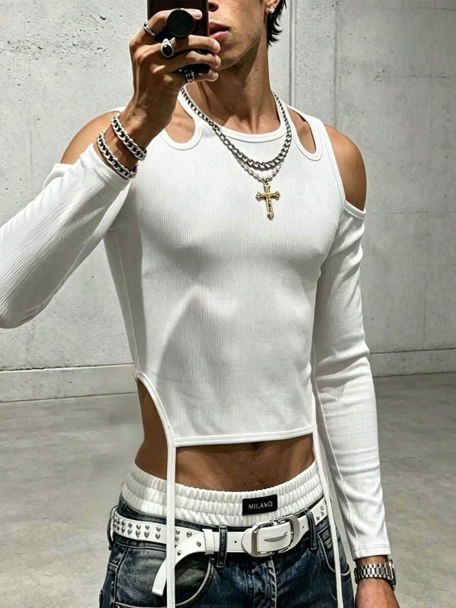 Manfinity Dauomo Men's Solid Color Hollow Design Casual T-Shirt - White - View 1