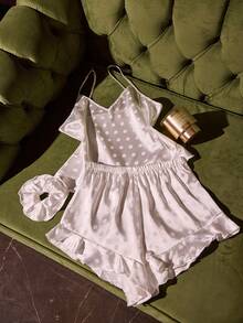 SilkySpell White Premium Satin Faux Silk Polka Dot Jacquard Camisole Shorts + Hair Scrunchie 3 PiecesPajama Set - White - View 6