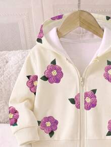 SHEIN 女嬰甜美極簡紫色花卉3D效果印花連帽拉鍊長袖抓絨內裡運動外套，柔軟面料，適合外出，秋冬款 - 彩色 - 查看 4