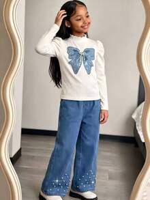 Girls Bow Puff Sleeve 2-Piece Set, Half-High Neck Puff Sleeves, Large Denim Look-Textured Bow Patch, Shapes Shoulders - Apricot - View 8
