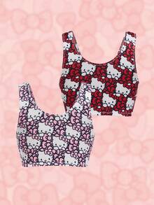 HELLO KITTY AND FRIENDS | SHEIN 2 件套少女粉色和红色可爱卡通蝴蝶结图案舒适内衣背心 - 紅色 - 查看 2