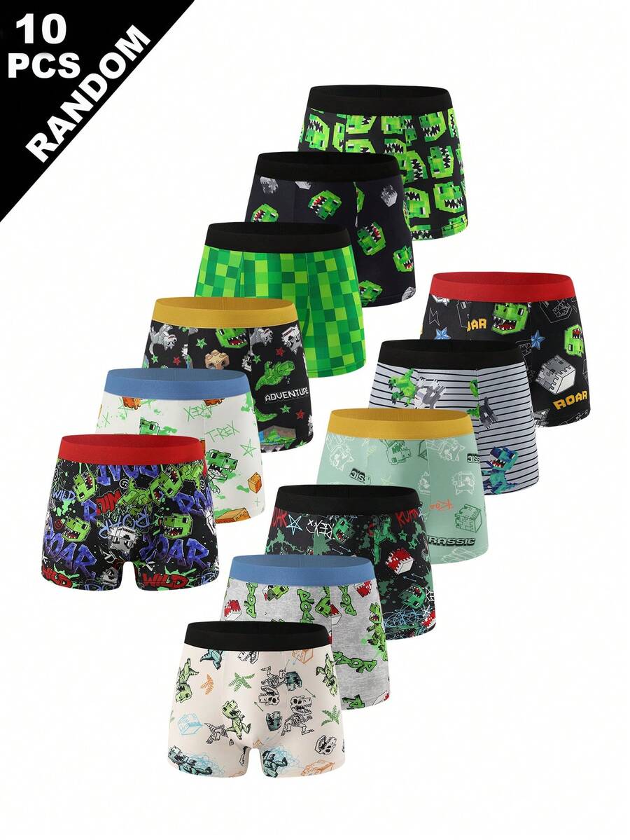 [10 Random Pieces] Big Boys' Comfortable Boxer Briefs, Green Block & Dinosaur Print, Kids' Cartoon Underwear - Multicolor - View 1