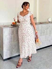 Firerie Plus Size Summer Casual Ditsy Floral Contrast Lace Heart Neck Dress - Apricot - View 6