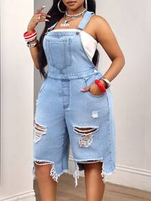 Slaydiva Plus Size Women's All-Season Denim Overalls With Large Pockets, Distressed Ripped Hem, Light Blue, Capri Length - Light Wash - View 3