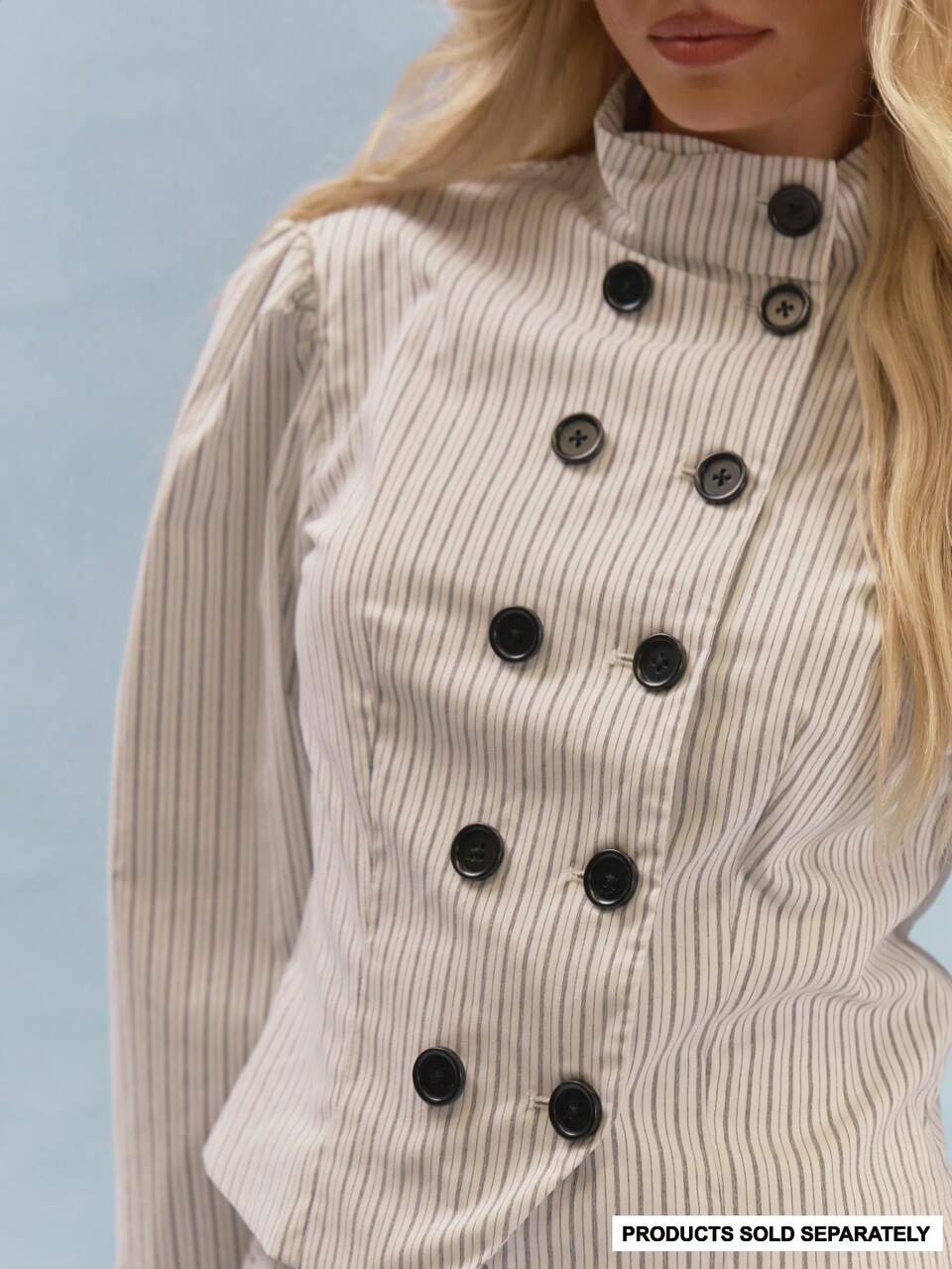 Striped Double-Breasted Puff Shoulder High Neck Top