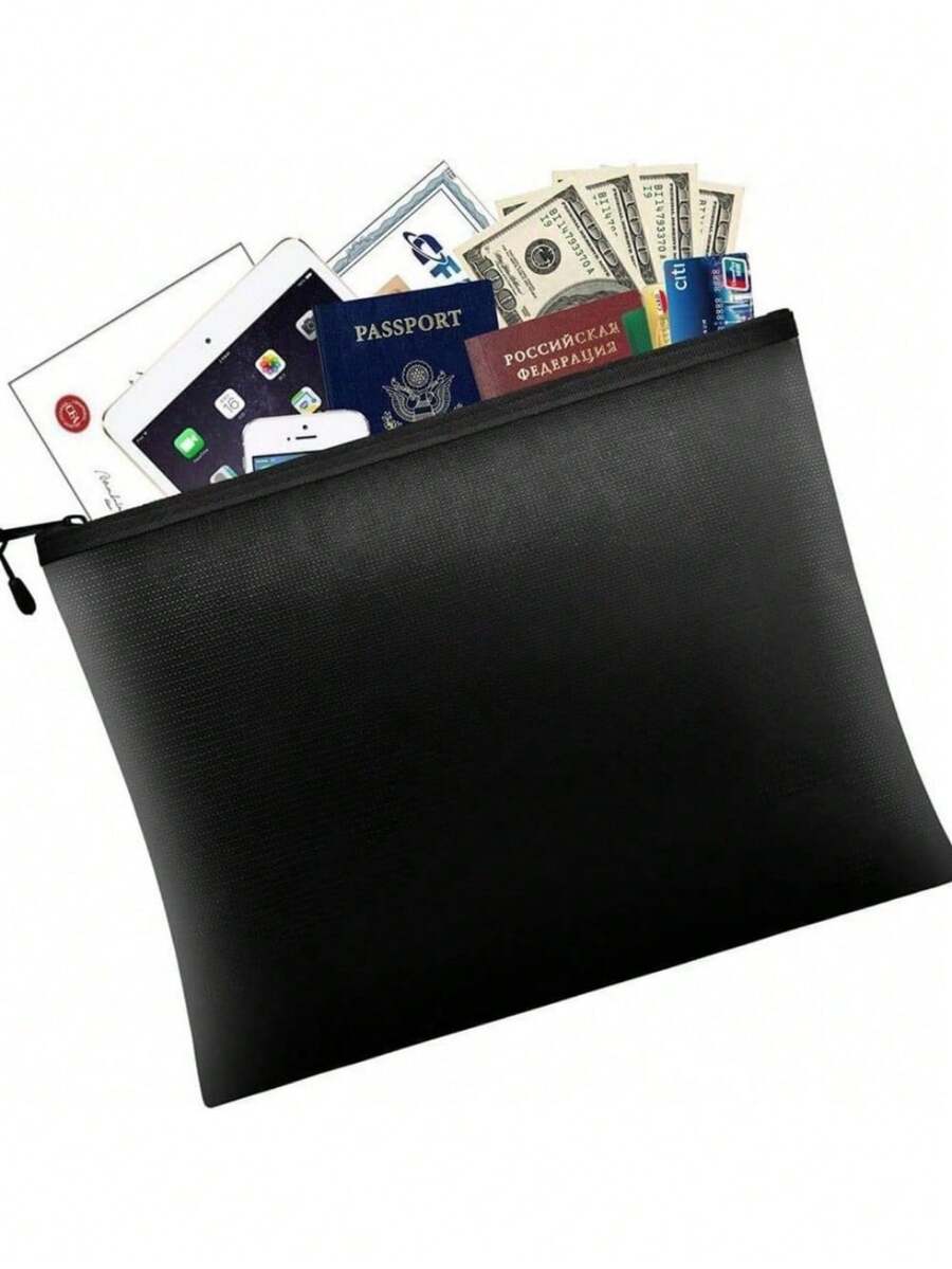 1PC Black Flame Resistant Waterproof Heat Resistant Silicone Fiberglass Document Bag For Home Office Storage Files Tickets Passport Cash Valuables Essential Security Organizer - Black - View 1