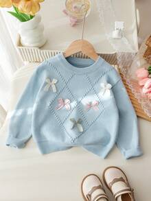 SHEIN Vintaside Kids 2026 春/秋新款 4-7 歲女童淺藍色菱格紋粗針編織套裝，3D 多色蝴蝶結圓領毛衣與長褲，兒童校園/外出/拍照針織上衣 - 藍色 - 查看 10