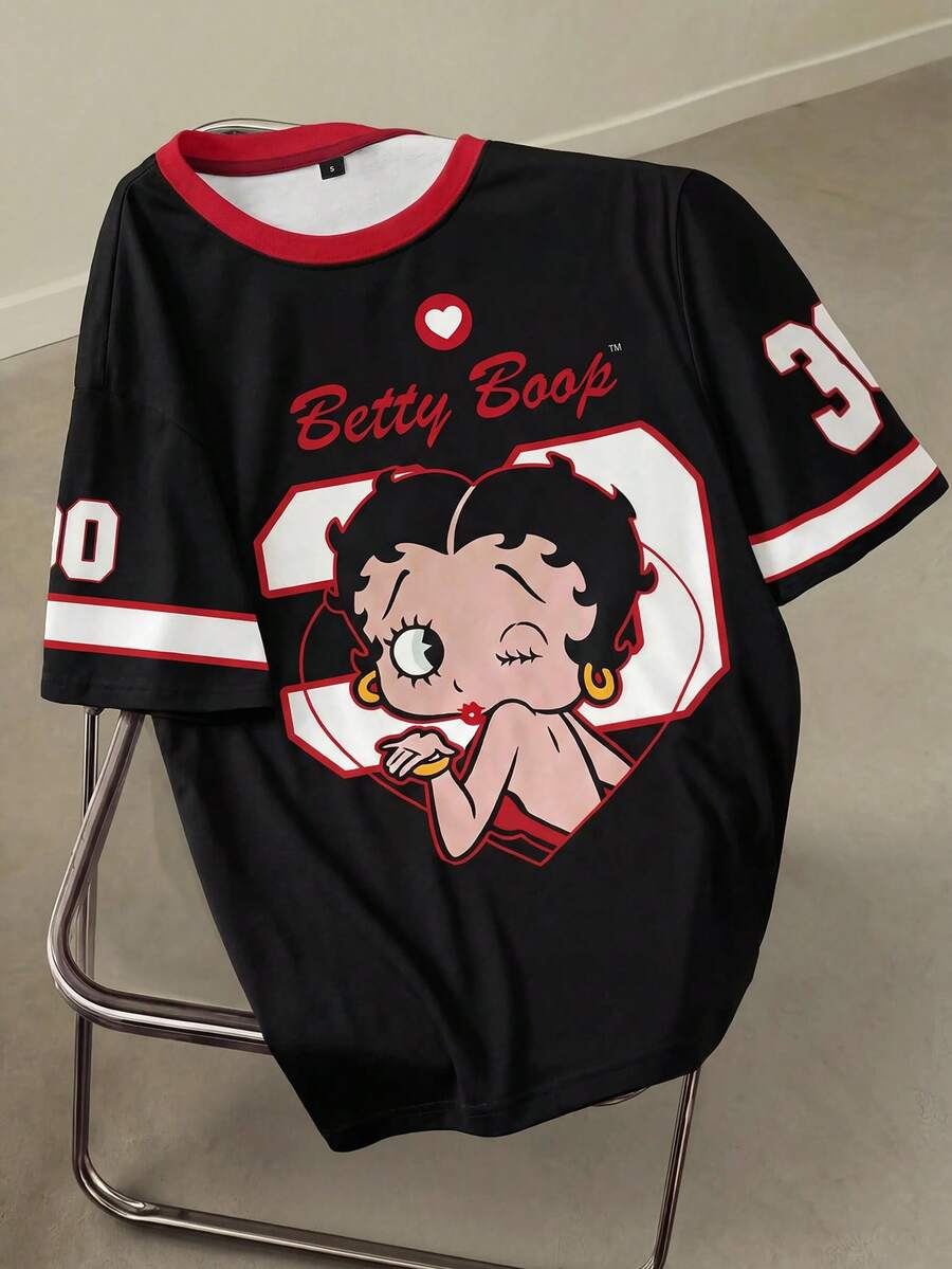 Betty Boop x SHEIN Women's Casual Colorblock Cartoon Pattern Round Neck Short Sleeve T-Shirt, Summer - White - View 1