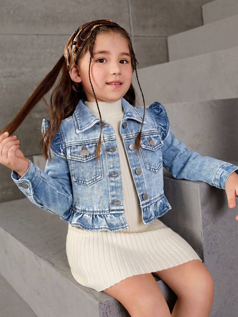 1pc Young Girls Chic Ruffle Trim Light Wash Long Sleeve Soft Denim Jean Jacket Outerwear Coat For Casual School Daily Wear Spring Fall, Back To School - Light Wash - View 1