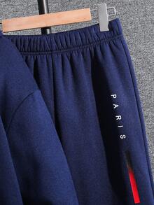 SHEIN 2件組青少年男孩海軍藍保暖內裡連帽衛衣圖案印花慢跑褲套裝，返校秋季款 - 寶藍色 - 查看 6