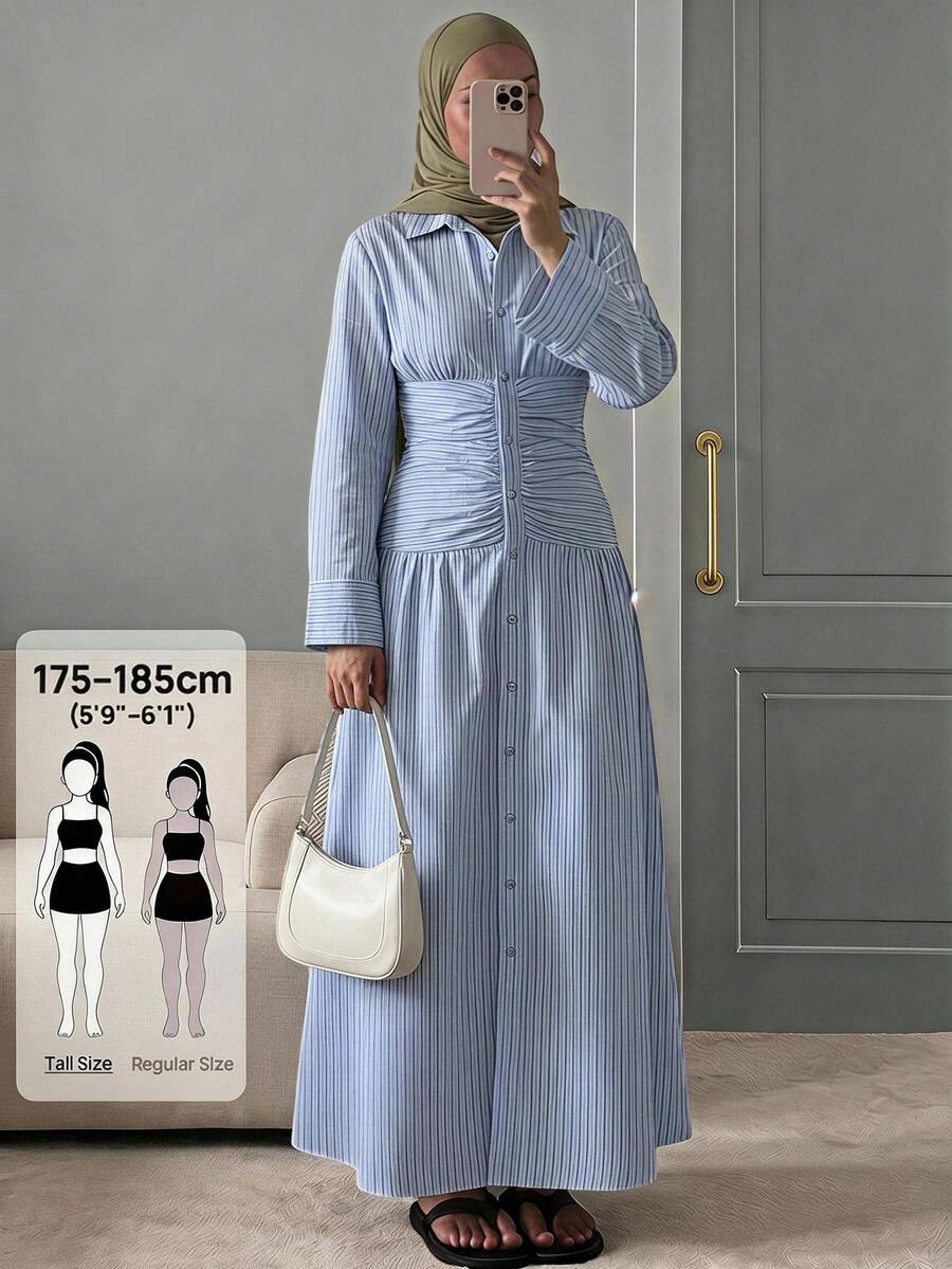 SHEIN Tall 女款條紋喇叭袖單排扣抽褶腰休閒A字襯衫洋裝,春季風格 - 藍色 - 查看 1