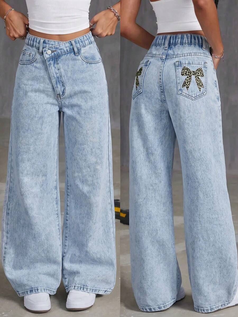 SHEIN Girls' Leopard Print Bow Pattern Light Blue Denim Asymmetrical Waist Loose Fit Long Pants - Blue - View 1