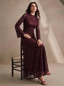 Anewsta Petite Petite Women's Long Summer Dress, Elegant Spring Women's Long-Sleeved Lace Dress, Round Neck Slim-Fit Long-Sleeved Dress, Suitable For New Year's, Christmas, Valentine's Day, Parties, Weddings And Other Occasions, Fashionable, Elegant And Formal. - Burgundy - View 6