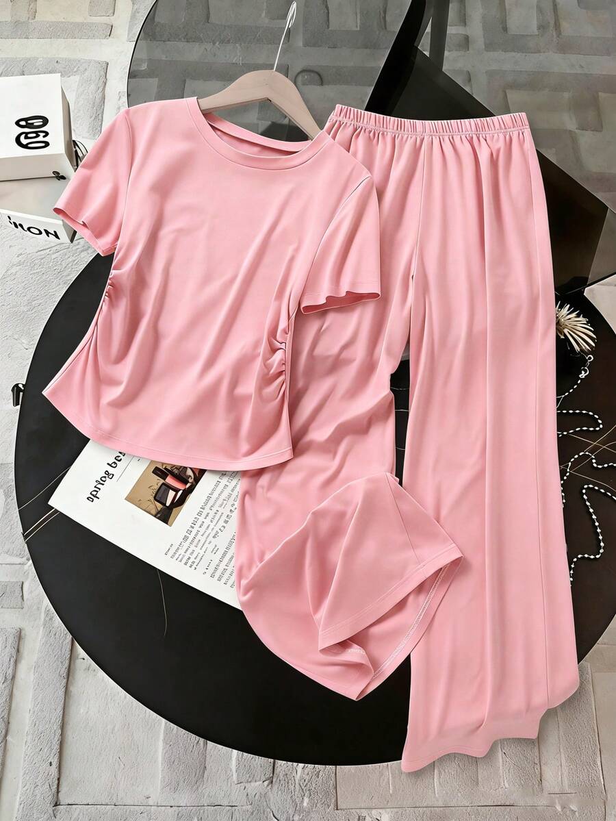 Teen Girls 2pcs/Set Summer Commuting Set, Casual Short Sleeve Offset Print Top, Sporty Straight-Leg Pants, Beach, Outfits, Leggings, Gym, Yoga, Y2K - Pink - View 1