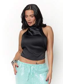 Dania Mndz Shop Atasan Cami Satin Tanpa Punggung Kerah Tinggi Wanita Terbaru untuk Pesta, Sehari-hari, Kantor, Jalan-jalan, Kasual Musim Semi/Panas Warna Hitam - Hitam - View 2