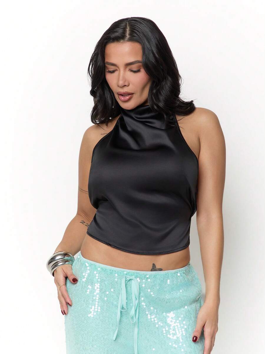 Dania Mndz Shop Atasan Cami Satin Tanpa Punggung Kerah Tinggi Wanita Terbaru untuk Pesta, Sehari-hari, Kantor, Jalan-jalan, Kasual Musim Semi/Panas Warna Hitam