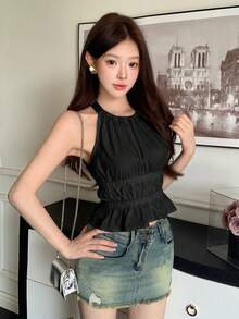 K-Vae 女款純色百褶休閒百搭日常穿搭掛脖上衣 - 黑色 - 查看 5