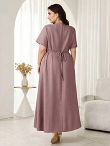 Al Najma Plus Size Women 3D Embroidery Decor Short Sleeve Arabic Traditional Long Dress - Dusty Pink - View 2