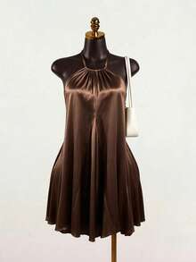 SaltGleam SaltGleam Women's Solid Color Pleated Halter Tie Backless Sexy Casual Dress - Brown - View 3