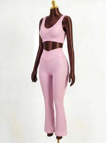Mistrie Women's Solid Color Cropped Tank Top And Leggings Sports Set - Pink - View 6