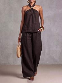 Zivah Spring/Summer Music Festival Easter St. Patrick's Day Valentine's Day Beach Vacation Sexy Jamaican Sleeveless Halter Neck Linen Shades Of Brown Pants - Brown - View 2