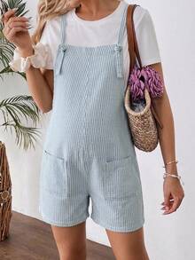 SHEIN 孕婦條紋雙口袋綁帶牛仔吊帶短褲 - 藍色 - 查看 3