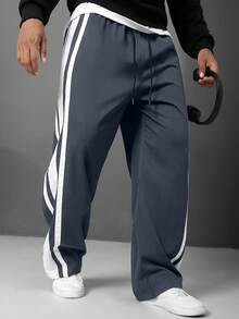 Manfinity Homme Pantalones rectos casuales y versátiles con cintura de cordón para hombres de talla grande para uso diario - Neblina azul - Ver 1