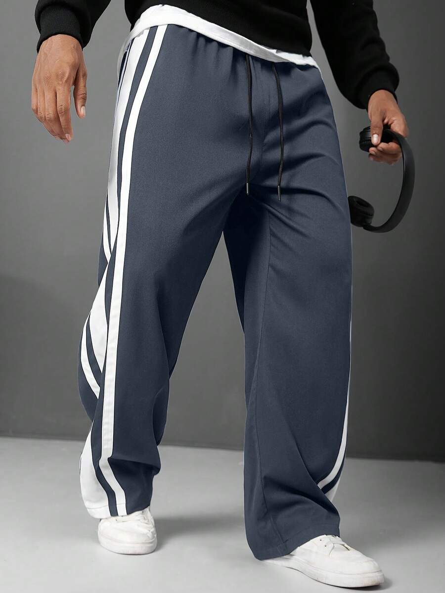Manfinity Homme Pantalones rectos casuales y versátiles con cintura de cordón para hombres de talla grande para uso diario - Neblina azul - Ver 1