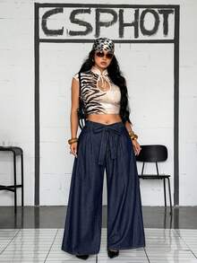 Jeanoix Calça Denim Perna Larga Casual Tradicional Lavada com Cinto Plus Size Azul Marinho Formal Brunch Verão - Lavagem escura - Visão 8