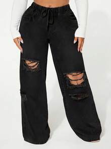 SHEIN SXY Plus Size Casual Washed Distressed Wide Leg Jeans - Black - View 3