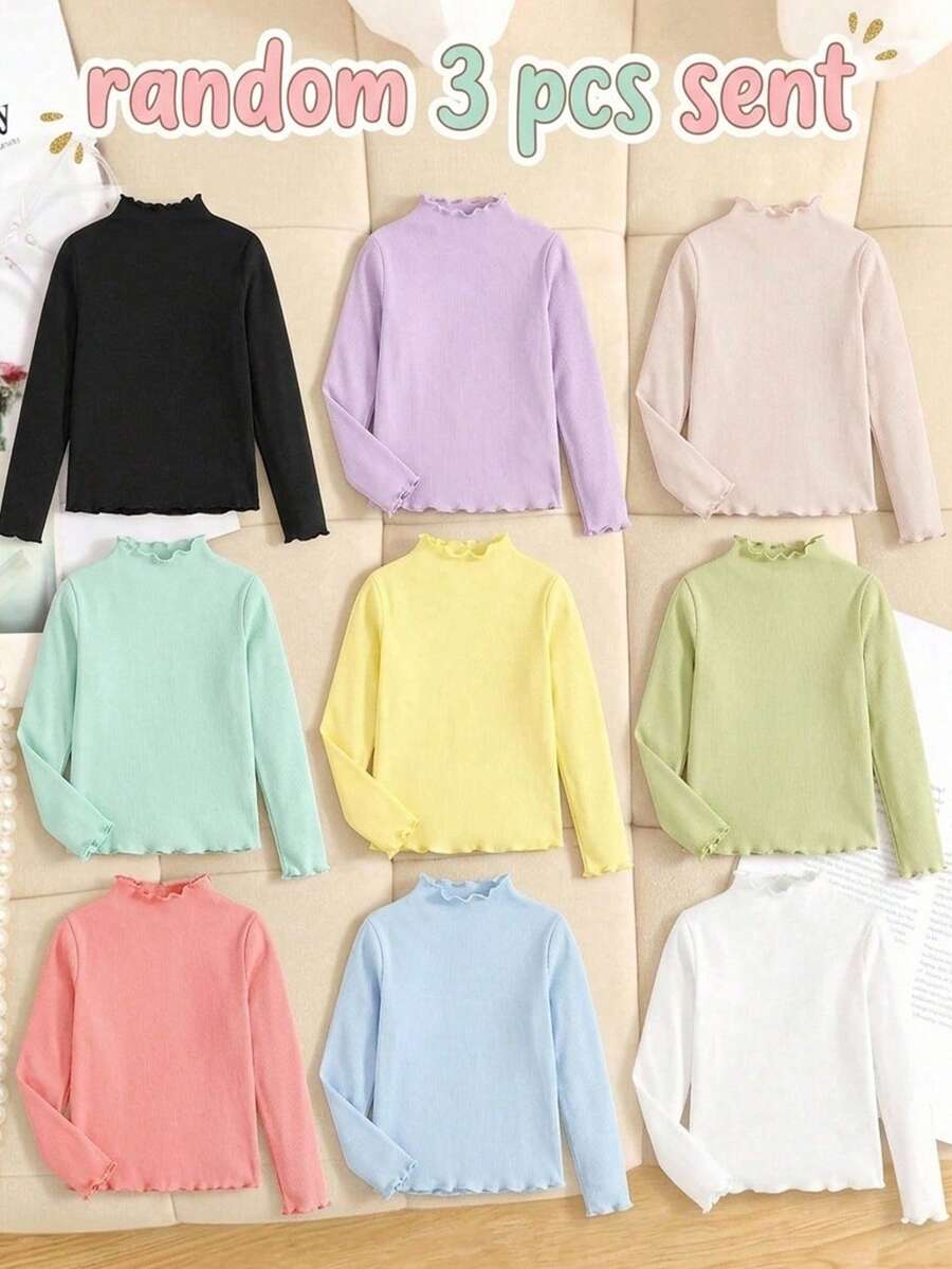 Tween Girl 3pcs Casual Basic Preppy Western All-Match Versatile Ribbed Lettuce Trim Mock Neck Tee Back-To-School Black Lavender White Autumn - Multicolor - View 1