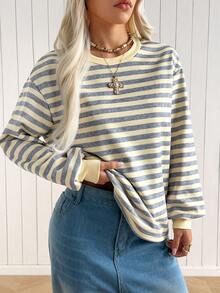 SHEIN EZwear 女款時尚百搭條紋長袖圓領運動衫 - 黃色 - 查看 4