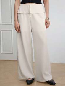 Dazy-Less High Waist White Solid Color Ruffle Waist Design Loose Wide Leg Casual Women's Long Pants Fall - White - View 7