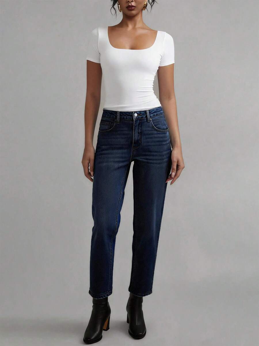 YARNWELL Women's Fashion Low Waist Slight Stretch Cat Whisker Washed Denim Jeans - Dark Wash - View 1